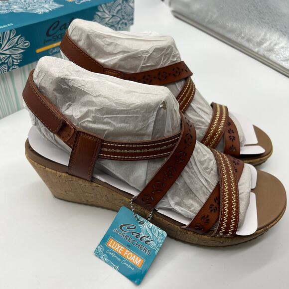 Skechers Beverlee Vegan Wedge Strappy Sandals Brown Size 10 - Picture 1 of 13